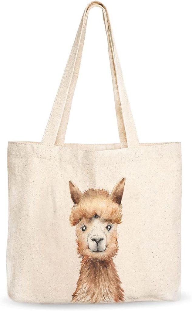 A canvas tote bag featuring an adorable llama face design.