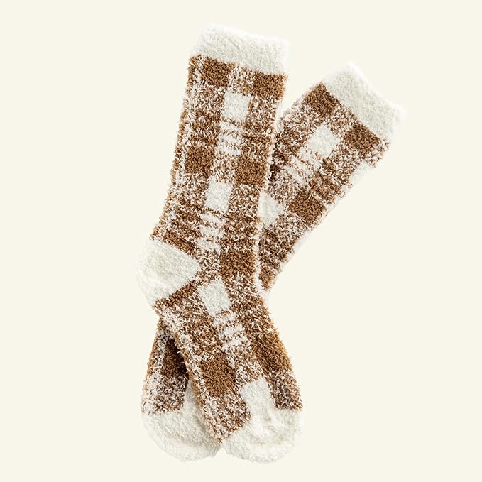 A pair of brown and white plaid socks, perfect for adding a touch of style to your outfit.