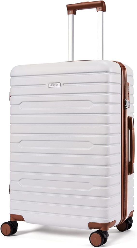 A white suitcase with brown handles and wheels, perfect for travel.