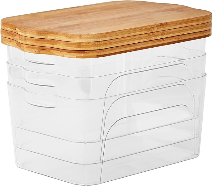 A clear storage box with a wooden lid.