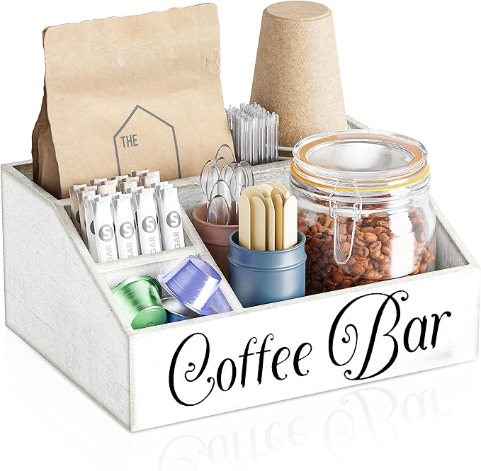 A wooden coffee bar with various items in it.

