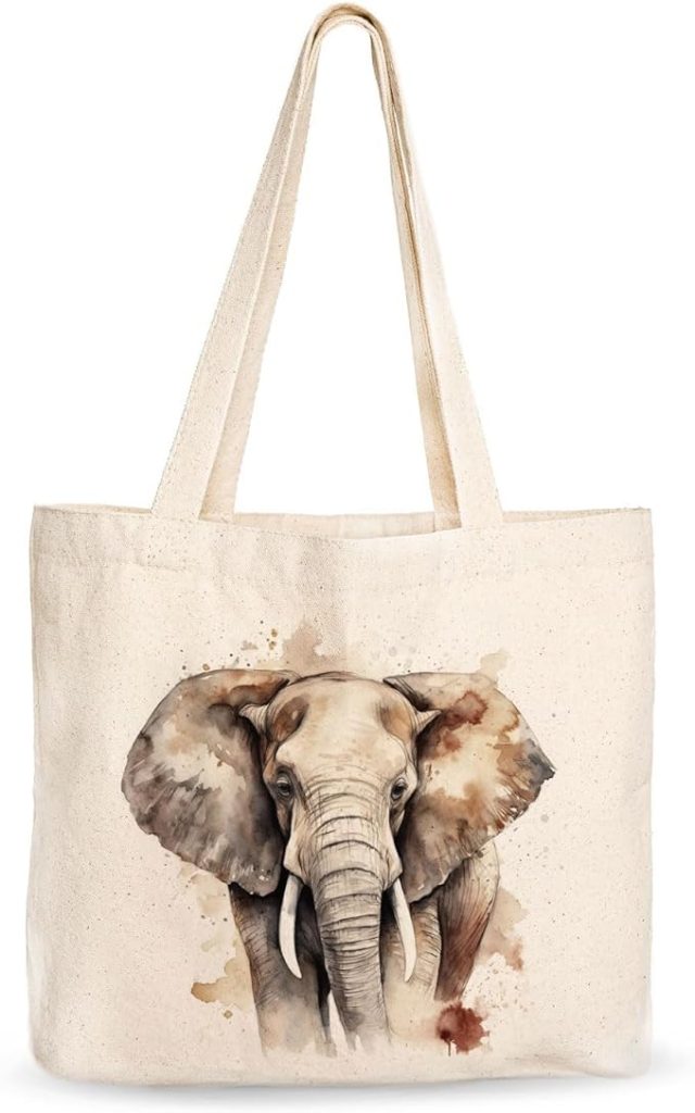 An elephant tote bag featuring a watercolor painting of an elephant, perfect for animal lovers.