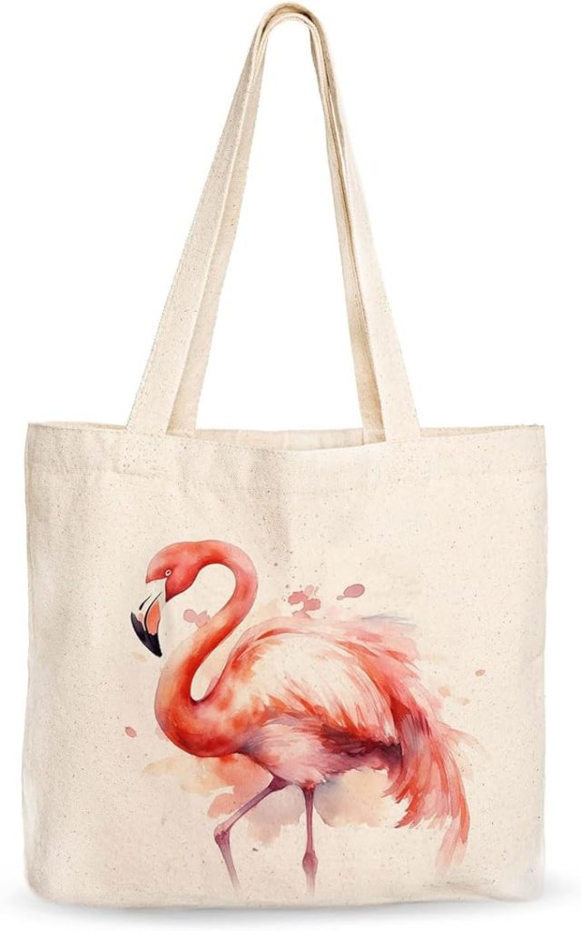 A canvas tote bag featuring a vibrant flamingo design, perfect for adding a pop of color to your outfit.