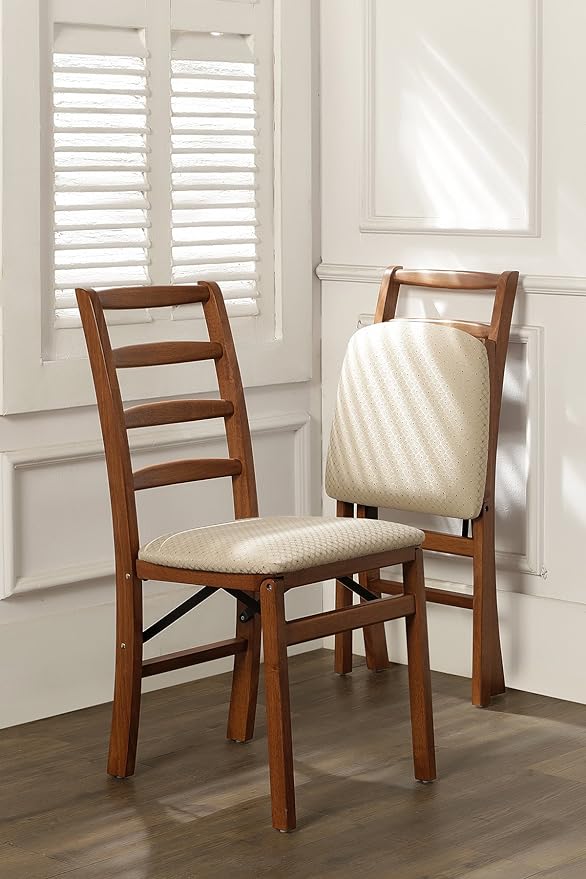 Two wooden chairs with beige upholstered seats, providing comfortable seating in a stylish and natural setting.