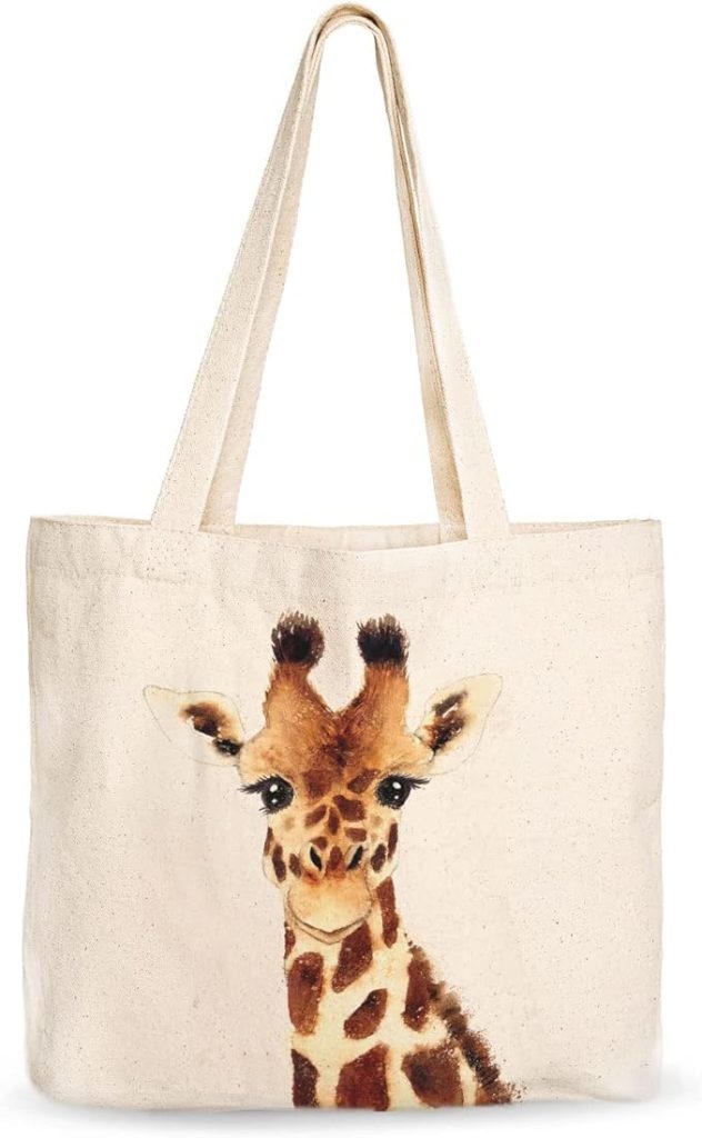 A giraffe design on a canvas tote bag, showcasing the elegance and beauty of this majestic animal.