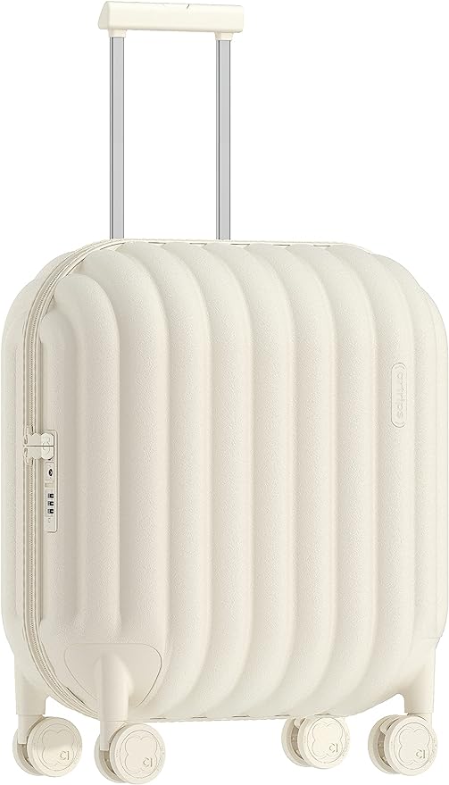 A white suitcase with wheels on a white background, ready for travel or storage.