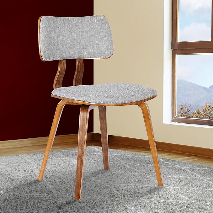 A chair with a gray upholstered seat, providing comfort and style.