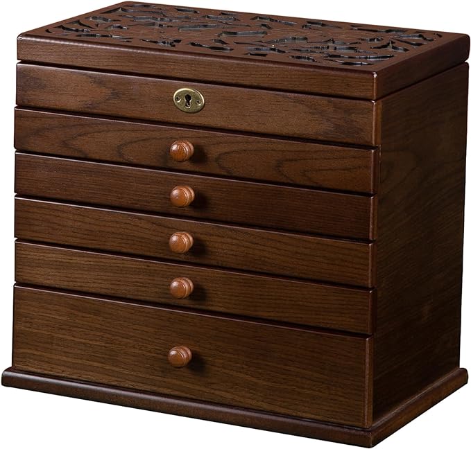 A wooden jewelry box organizer with four drawers, perfect for organizing and storing your precious accessories.