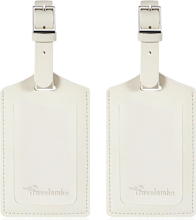 Two white luggage tags perfect for identifying your bags during your journey.