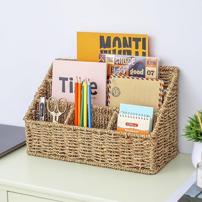 A desk organizer filled with a diverse assortment of items, showcasing a mix of colors, shapes, and textures.