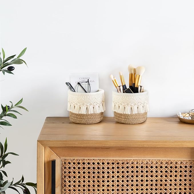 Wooden dresser with two baskets on top, perfect for organizing small items in a stylish way.