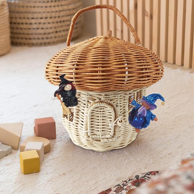 A mushroom-designed picnic basket with a toy inside, perfect for a child's playtime.