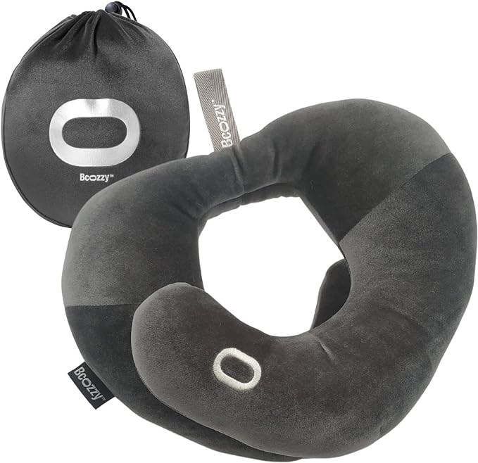 Travel pillow in grey and black colors with handy pouch included.