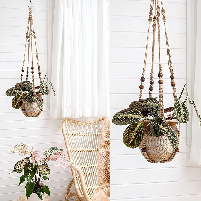 Two pictures of a boho inspired hanging plant with a chair.