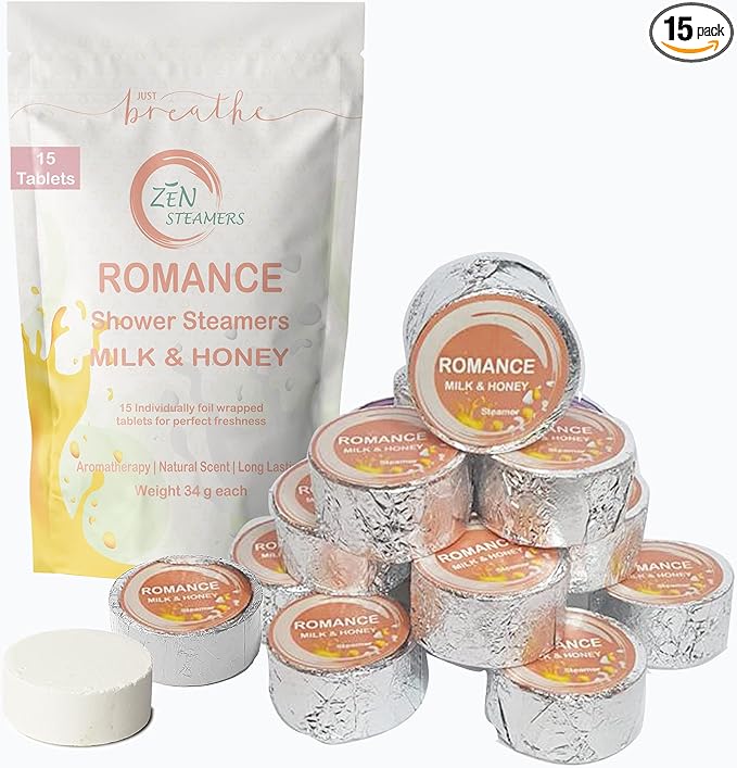 A pack of 15 romance-themed milk and honey shower steamers with packaging displayed.