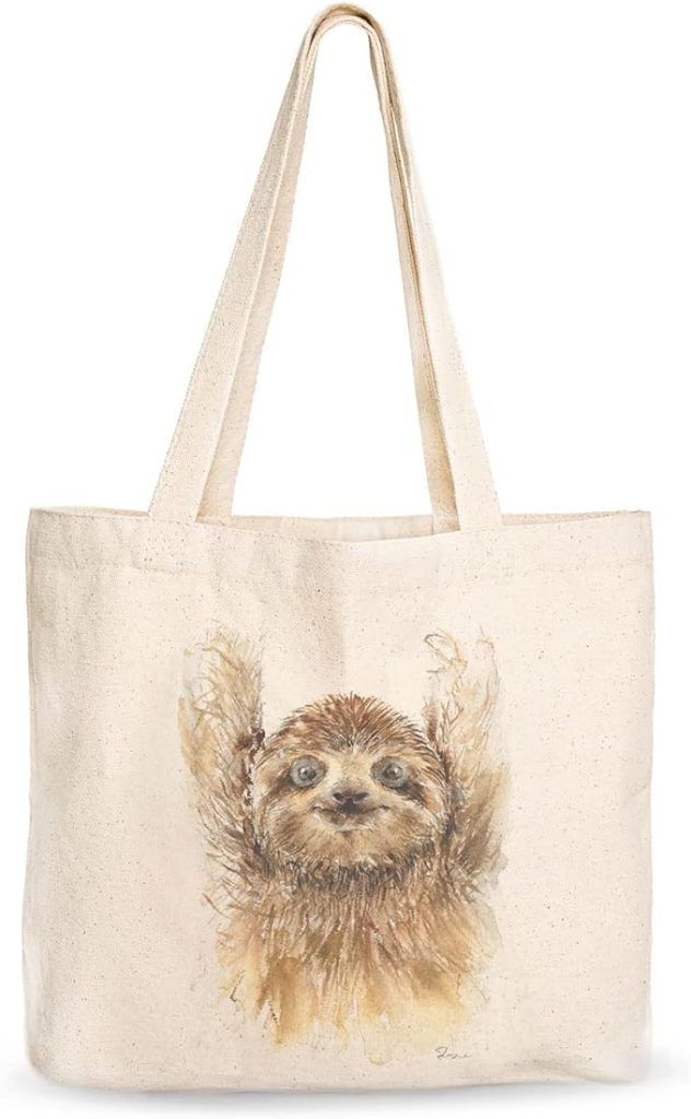 A tote bag featuring a cute sloth design, perfect for carrying your belongings with a touch of adorable charm.