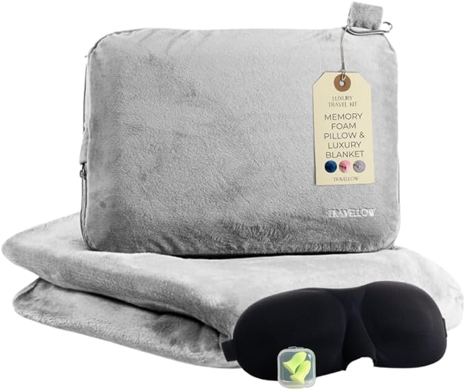 A sleeping travel set with a pillow and eye mask, providing comfort and relaxation for a peaceful sleep.