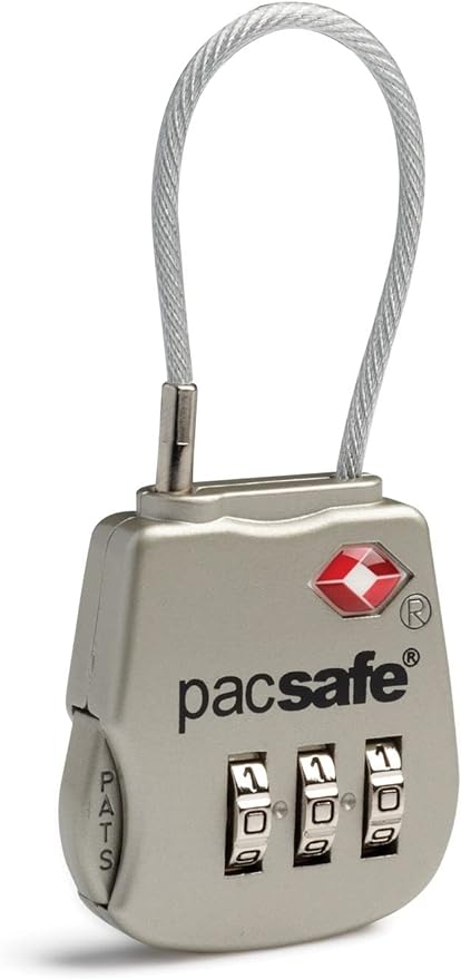 A Pacsafe travel safe combination lock, providing secure protection for your belongings during your travels.